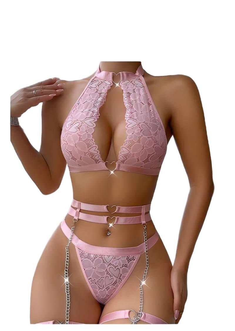 Underwear - ชุดชั้นในเซ็กซี่แบบดันทรง พร้อมสายรัดถุงน่องและสร้อยคอ ชุดชั้นในผู้หญิงแบบมีโครงและจีสตริง ชุดชั้นในสตรี
