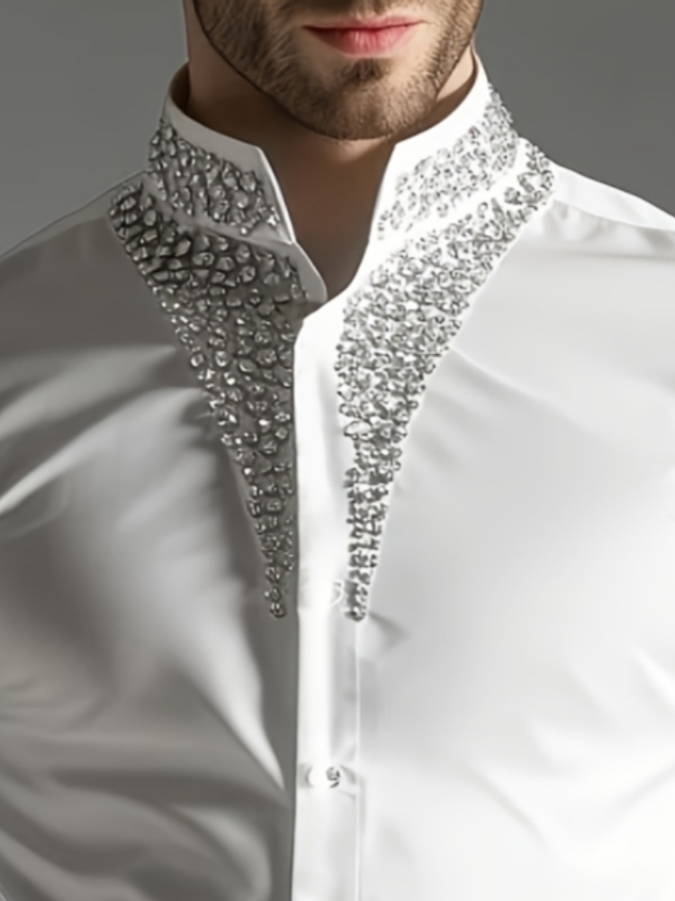 Mandarin Collar Formal Shirt Slim Fit - เสื้อเชิ้ตหรูหราประดับคริสตัลสำหรับผู้ชาย คอจีน แขนยาว ทรงเข้ารูป เหมาะสำหรับงานปาร์ตี้ งานแต่งงาน