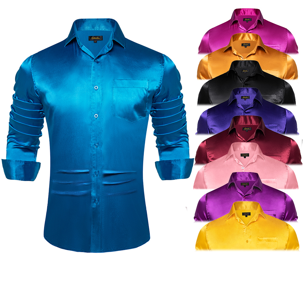 Mens Satin Silk Dress Shirt - เสื้อเชิ้ตผ้าซาตินแขนยาวสำหรับผู้ชายเสื้อทักซิโด้เนื้อเรียบผ้าซาตินสีฟ้าสีแดงสีขาวสีดำสำหรับงานแต่งงานงานพรอมเสื้อผ้าผู้ชาย