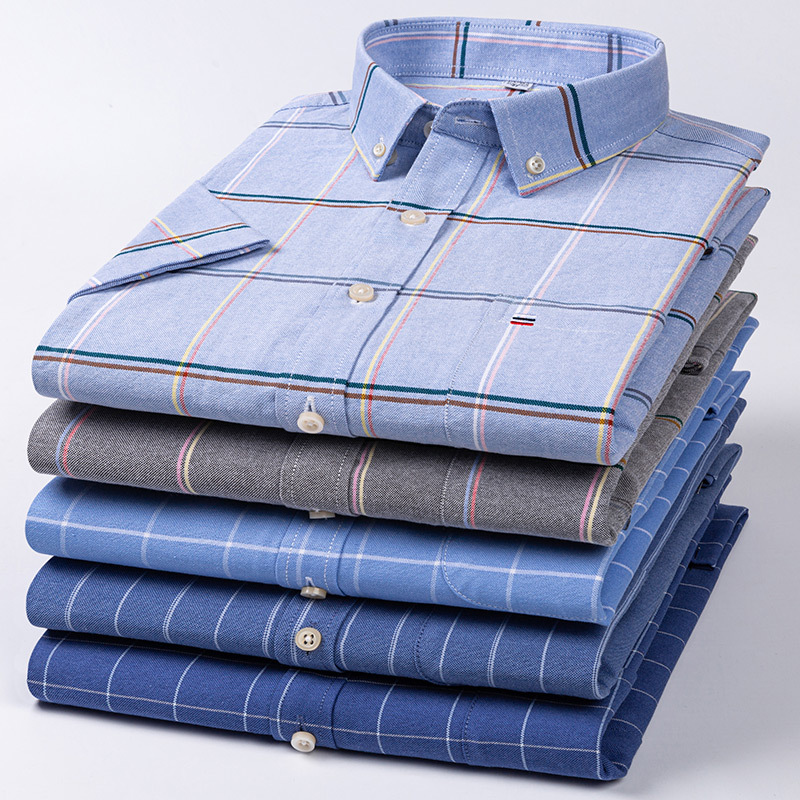 Oxford Cotton Casual Shirt Business - เสื้อเชิ้ตแขนสั้นผ้าฝ้ายอ็อกซ์ฟอร์ดคุณภาพสูงสำหรับผู้ชาย ใส่สบายในฤดูร้อน ระบายอากาศได้ดี คลาสสิก สีพื้น ลายสก็อต
