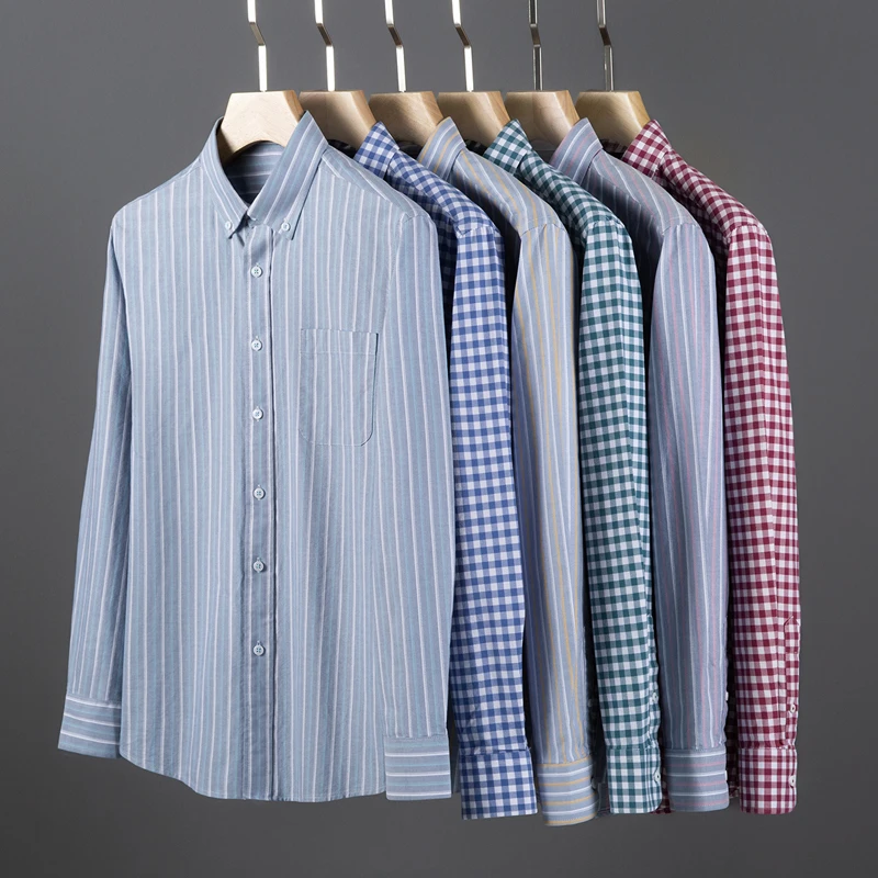 Oxford Cotton Casual Shirt Business - เสื้อเชิ้ตผู้ชายแขนยาวทรงสลิมฟิต ผ้าฝ้ายอ๊อกฟอร์ด 100% ลายสก็อต ลายทาง แฟชั่น