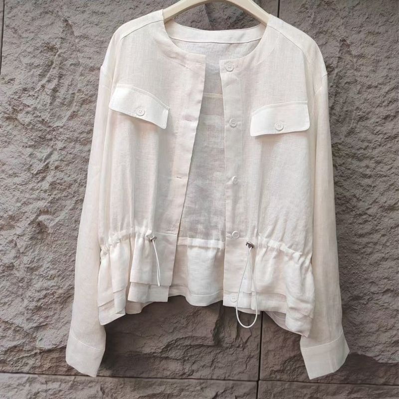 Jackets - เสื้อแจ็คเก็ตผ้าลินินทรงหลวมพร้อมเชือกผูก ดีไซน์เรียบหรู ป้องกันแสงแดด เหมาะสำหรับผู้หญิงในฤดูร้อน