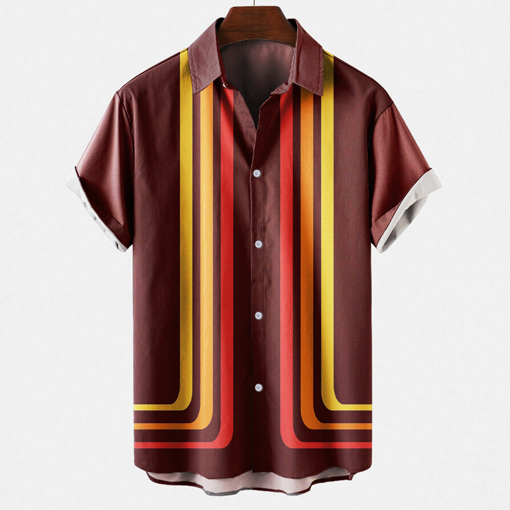 Short Sleeve Bowling Shirt Retro - เสื้อโบว์ลิ่งลายทางสไตล์วินเทจย้อนยุคสำหรับผู้ชาย แขนสั้น ติดกระดุม เหมาะสำหรับใส่ลำลองในฤดูร้อน หรือใส่ไปเที่ยวชายหาด สำหรับผู้ชาย