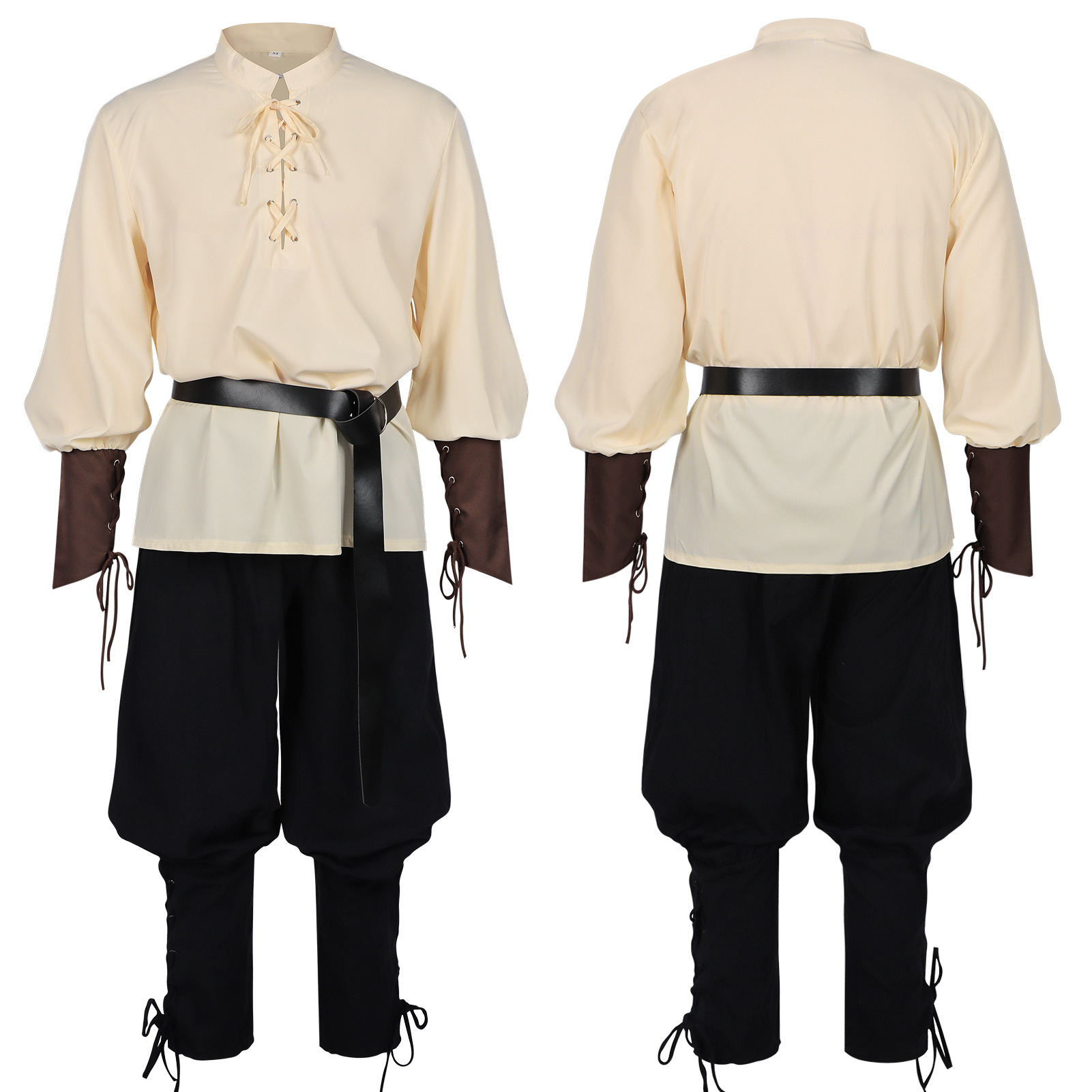 Medieval Gothic Lace Up Pirate Shirt - เสื้อเชิ้ต LARP สไตล์ยุคกลางสำหรับผู้ชาย พร้อมเข็มขัด ชุดโจรสลัดฮาโลวีน เสื้อและกางเกงแบบผูกเชือกสไตล์โกธิคย้อนยุค