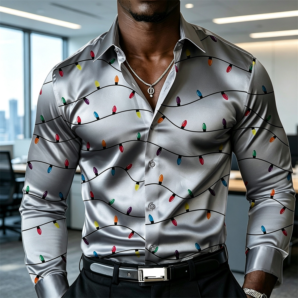 Mens Satin Silk Dress Shirt - เสื้อเชิ้ตผู้ชายลายโคมไฟสำหรับคริสต์มาส เสื้อเชิ้ตผ้าซาติน เสื้อเชิ้ตติดกระดุม แขนยาว ชุดลำลองสำหรับงานปาร์ตี้ งานกลางคืน