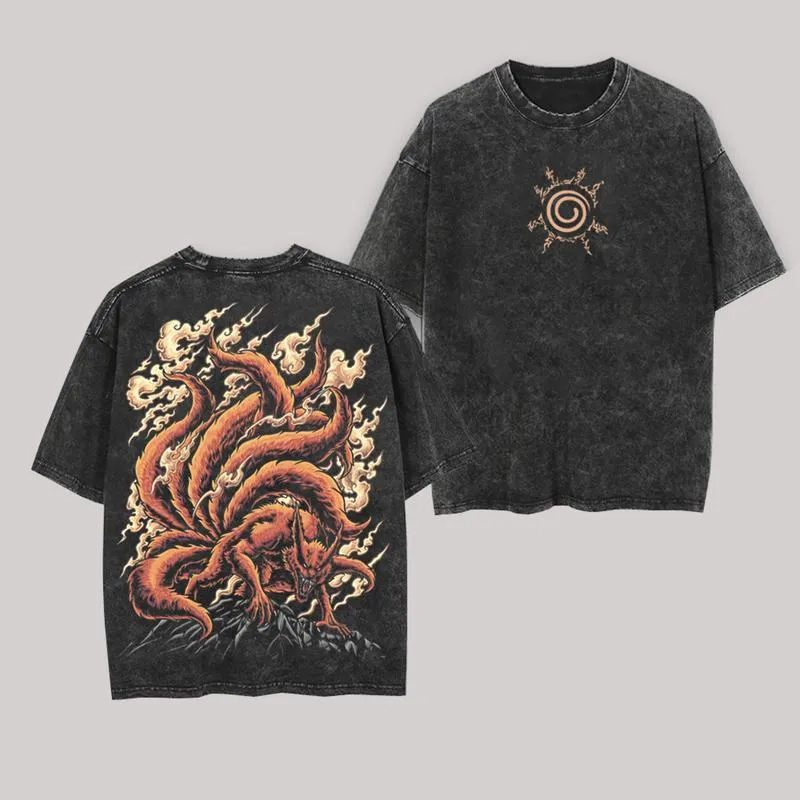 Acid Wash Vintage Graphic T Shirt - เสื้อยืดคุรามะ คิวบิ นารูโตะ วินเทจ ลายกราฟิกอะนิเมะจิ้งจอกเก้าหาง สไตล์เรโทร