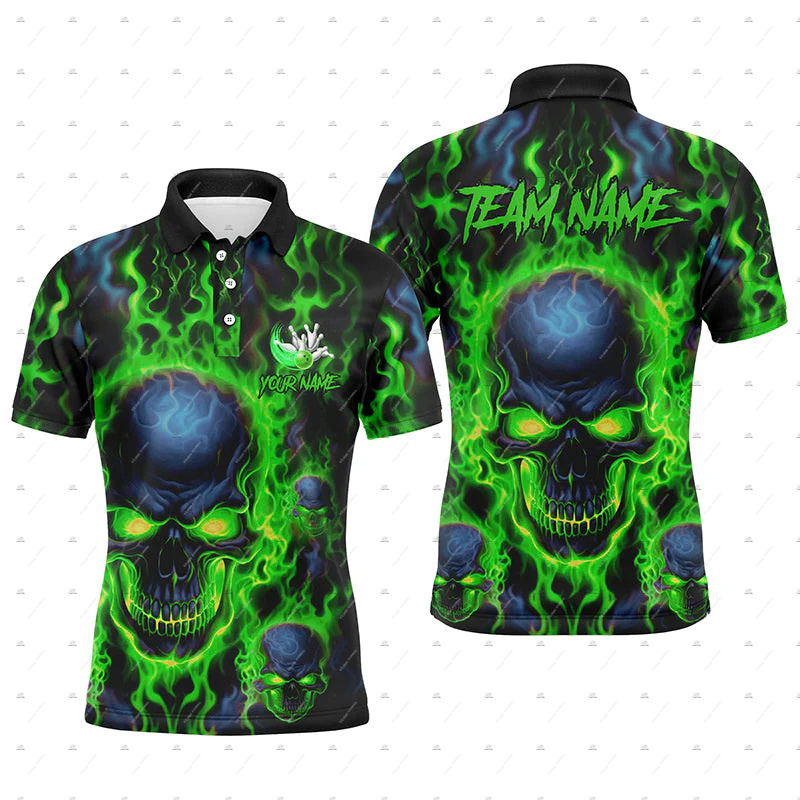 Short Sleeve Bowling Shirt Retro - ชื่อที่กำหนดเอง โบว์ลิ่ง สกัล เฟลม กราฟฟิตี้ ไล่เฉดสี