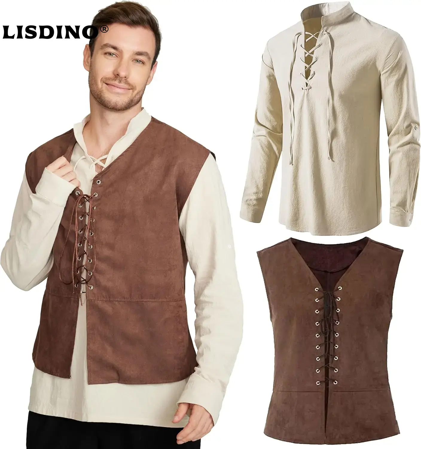 ชุด 2 ชิ้น เสื้อกั๊กโจรสลัดยุค - Medieval Gothic Lace Up Pirate Shirt บทวิจารณ์และราคา